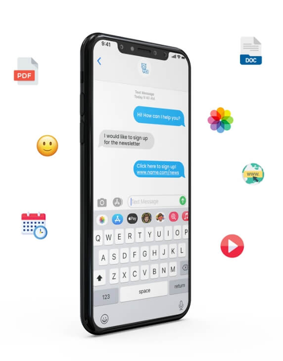 A phone showcasing a Textel text message with emojis and icons surrounding it
