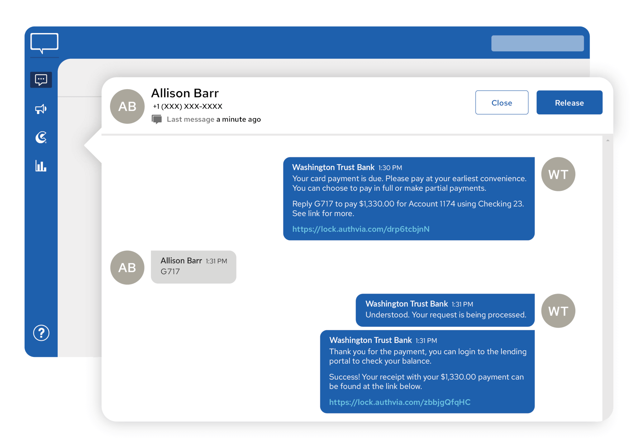 Payment request in an SMS conversation with Textel Payments